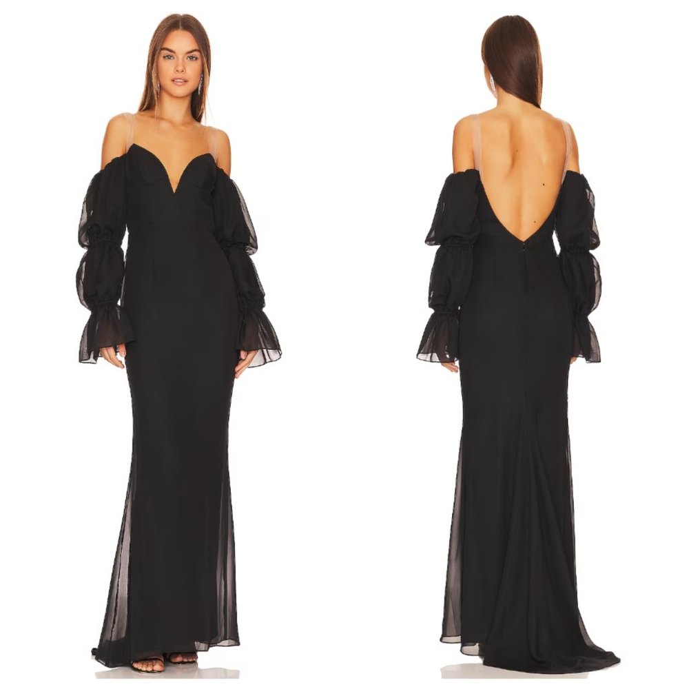 NWT Katie May Revolve Estella Black Off Shoulder Puff Sleeve Plunge Gown